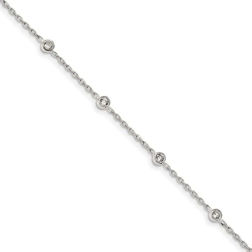 Sterling Silver Cubic Zirconia Station And Cable Chain Anklet, 9-10 In